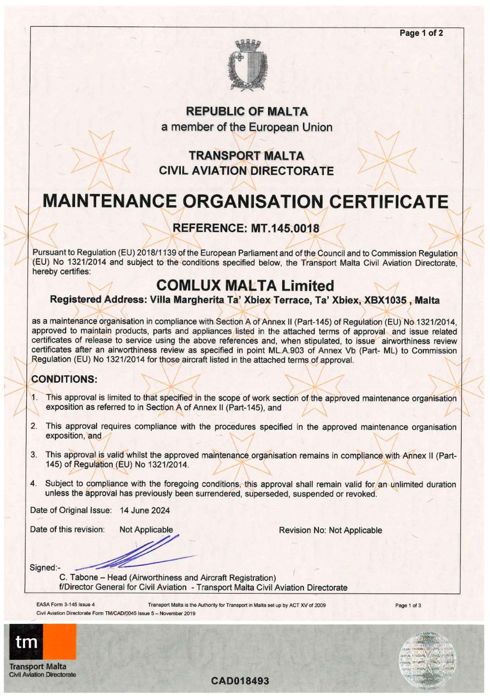 Comlux Malta Has Achieved EASA Part-145 Certification